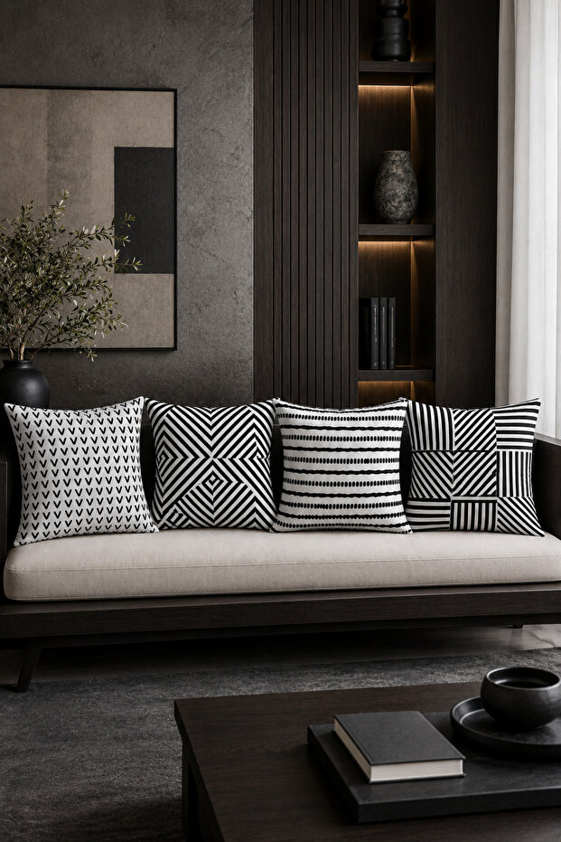 Black and White Geometric Bohemian Patterned Set of 4 Decorative Throw Pillow Covers