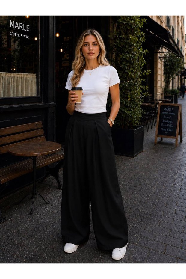 Women's High Waist Pleated Wide Leg Black Skirted Pants