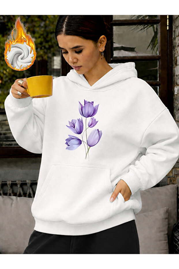 Unisex Floral Heart Printed Hooded Kangaroo Pocket Comfortable Fit Regular Cut Sweatshirt