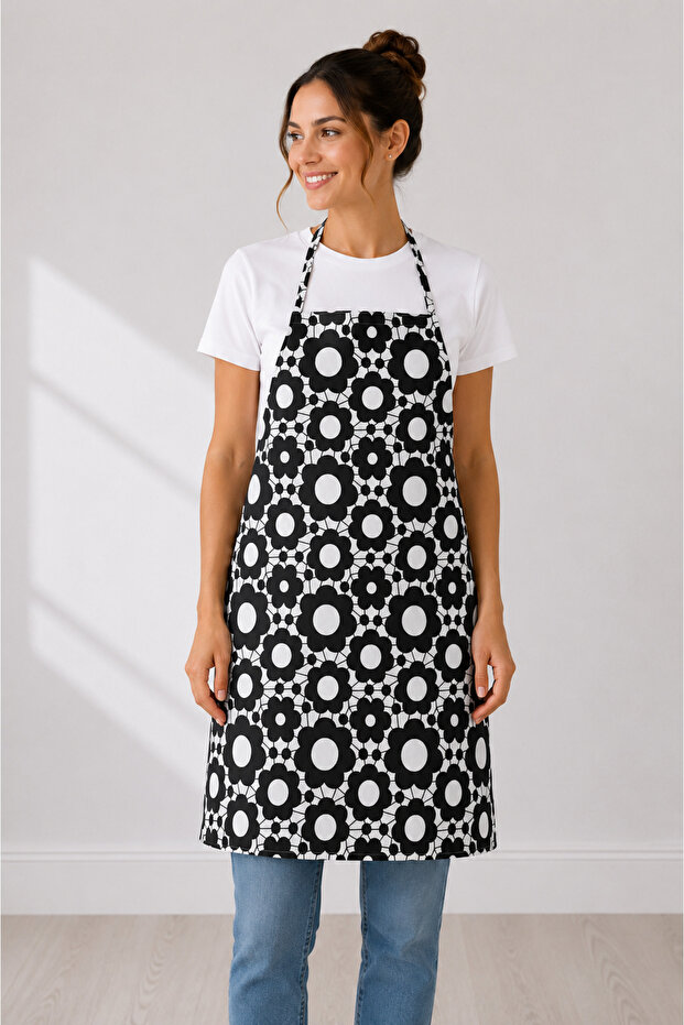 3-Piece Chef Kitchen Apron Black and White Floral with Waist Tie