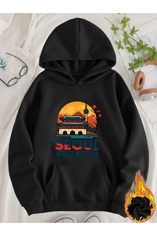 Unisex Seoul Printed Hooded Kangaroo Pocket Comfortable Fit Regular Cut Sweatshirt