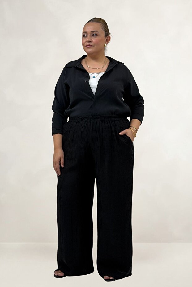 69018 Large Size Elastic Waist, Pockets, Wide Leg Double Tensel Pants - Black