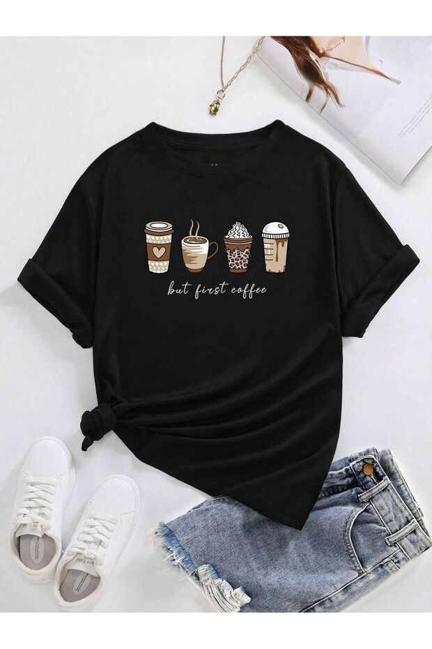 Women's Black Coffee Printed Oversize T-Shirt