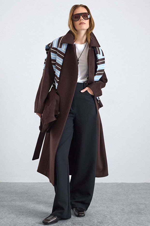 Button and Snap Detail Premium Coat with Punto Stitching Brown 3171