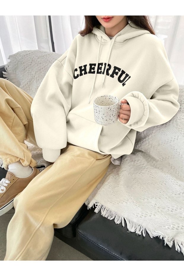 Women's White Cheerful Printed Hooded Hoodie Sweatshirt