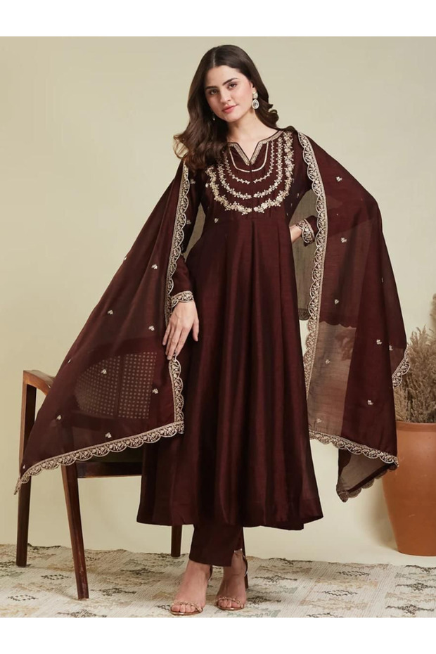Brown Kurta with Trousers & Dupatta - TRT1008-Brown-Size:XL-42-Inches