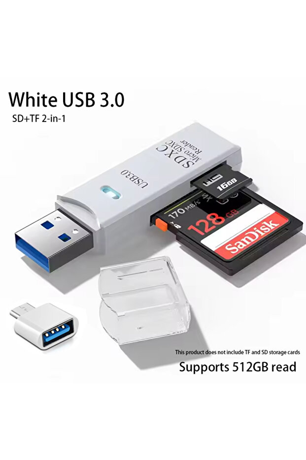 قارئ بطاقات USB 3.0 متعدد الوظائف 2 في 1 باللون الأبيض، قارئ بطاقات MiniSD وTF، قارئ بطاقات USB فلاش درايف