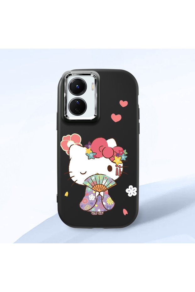 Vivo Y02S Compatible Case Camera Protector Black Silicone Couple Phone Case Kitty Pattern