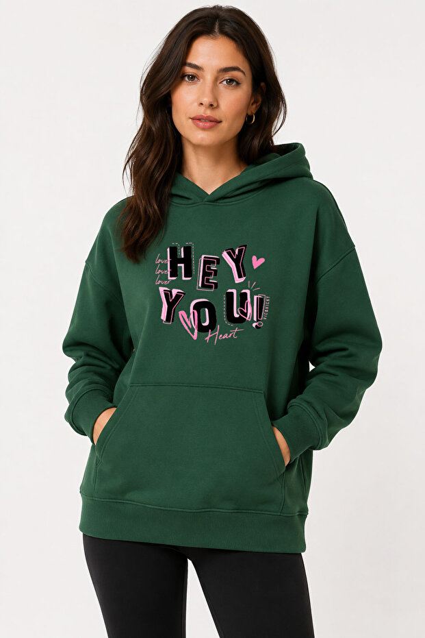 سويت شيرت بطباعة Hey You مع قلنسوة ونسيج مزدوج الخيوط