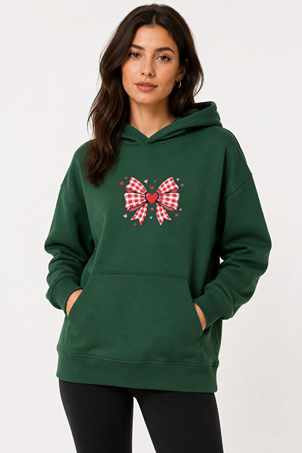 Ribbon Printed Hooded 2 Thread Threaded Sweatshirt