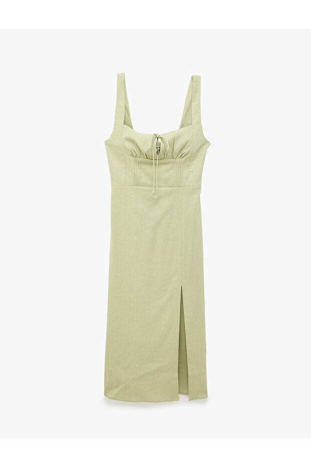 Sleeveless U-Neckline, Lace Detailed, Slit, Linen Blend, A-Line Long Dress