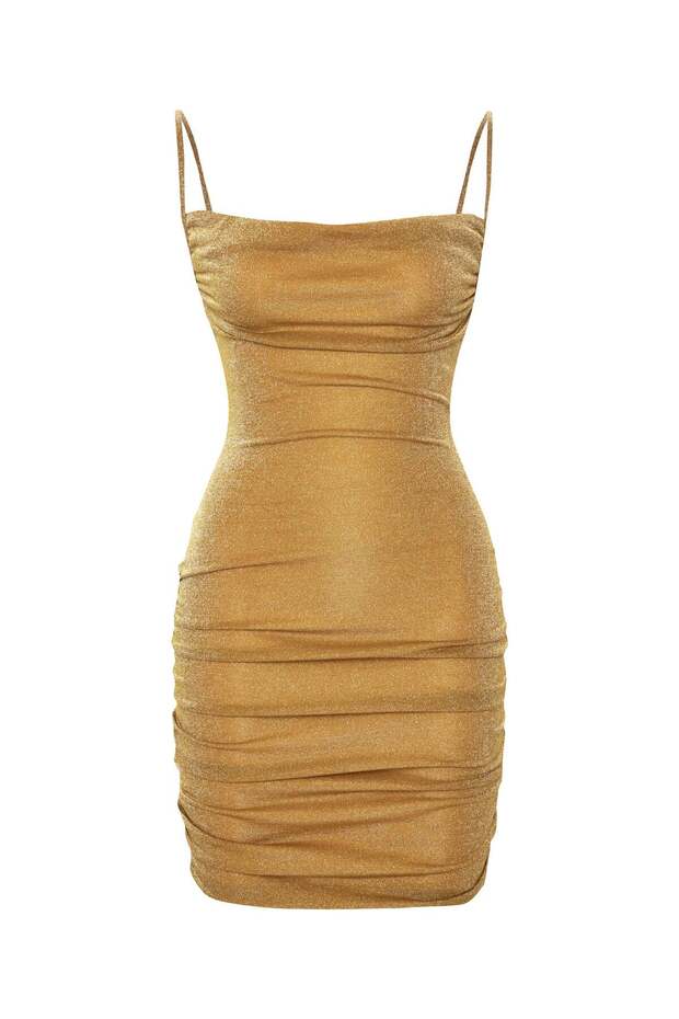 Alya Drapeli Glitter Jersey Strap Mini Dress Gold