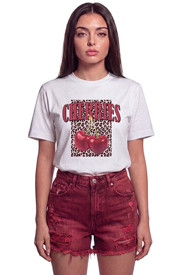 Women's Cherries Cherry Leopard Printed Relaxed Fit T-Shirt White