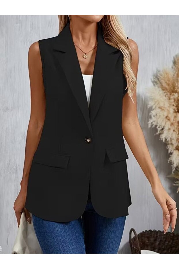 Women's Sleeveless Collared Front Single Button Atlas Jacket
