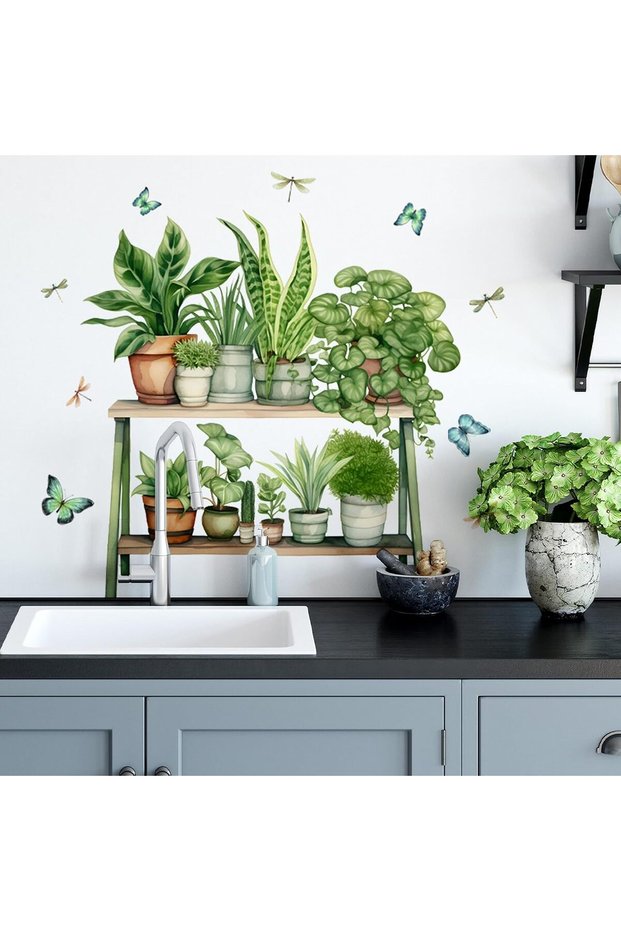 Tropical Plant Leaf Wall Stickers, Removable Peel and Stick Wall Decals for Living Room Bedroom Kitchen Office, Boho Nature Potted Plant Wall Art, DIY Tropical Leaves Decor