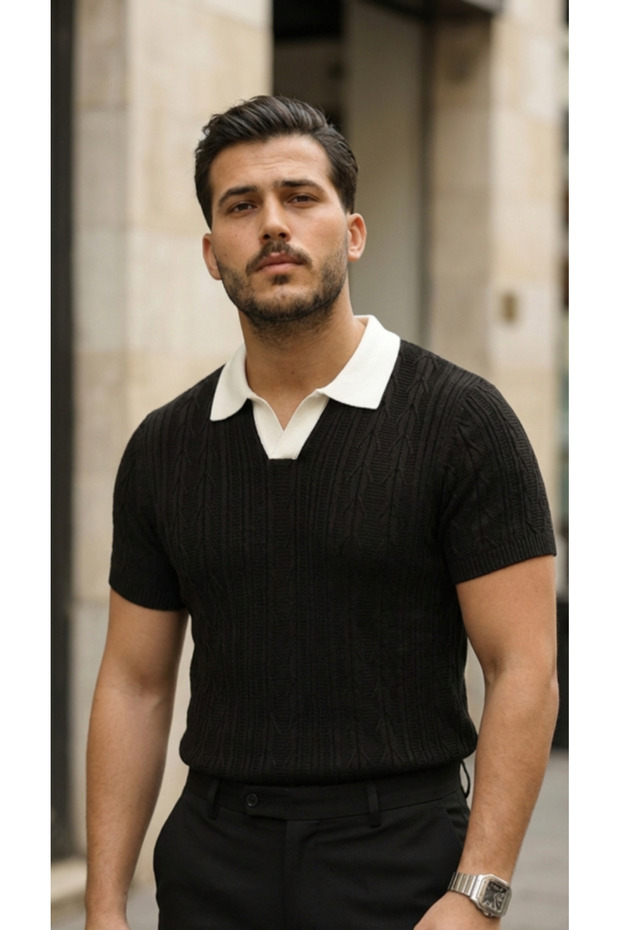 Men's Patterned Short Sleeve Knitwear T-Shirt - 100% Cotton Acrylic