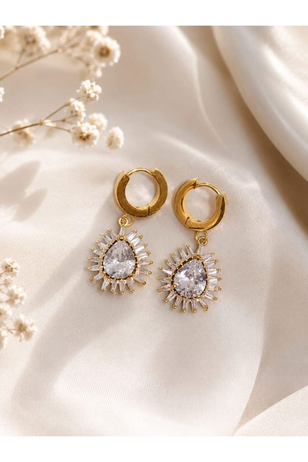 Zircon Stone Drop Dangle Gold Steel Earrings
