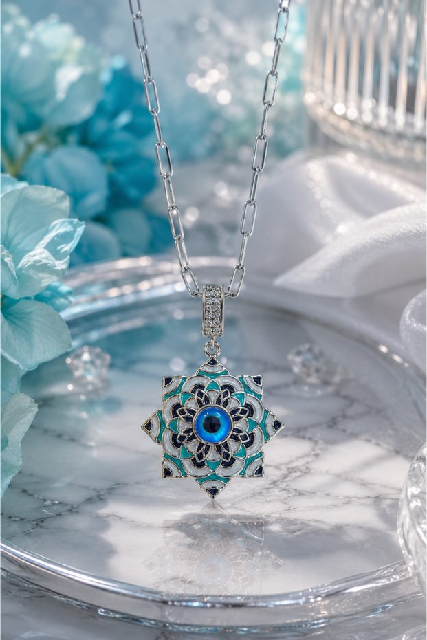 Evil Eye Flower Patterned Steel Necklace (Silver Color)