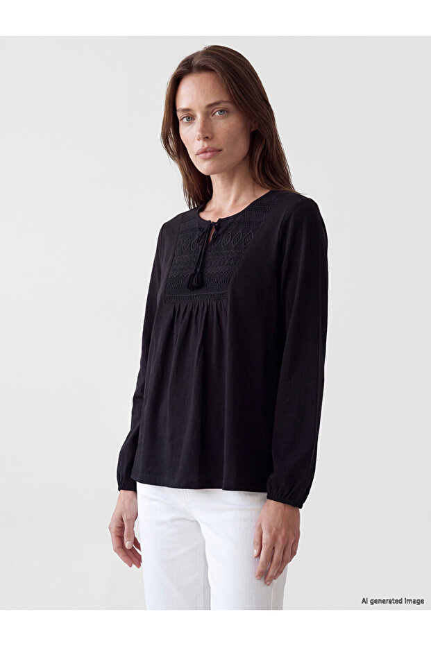 Lcw Grace Tie Collar Embroidered Blouse