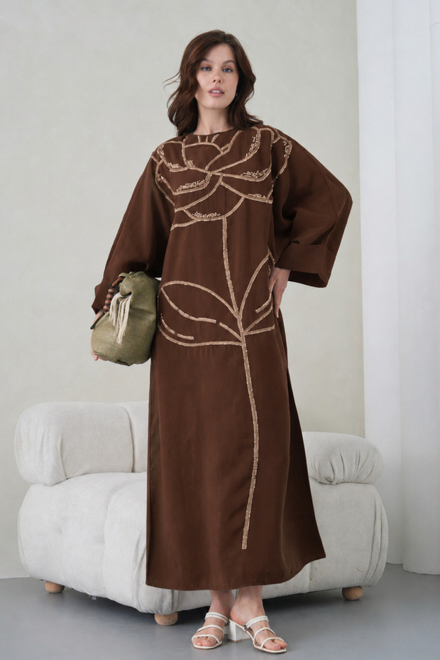 Women's Embroidered Linen Bat Sleeve Wide Fit Long Dress