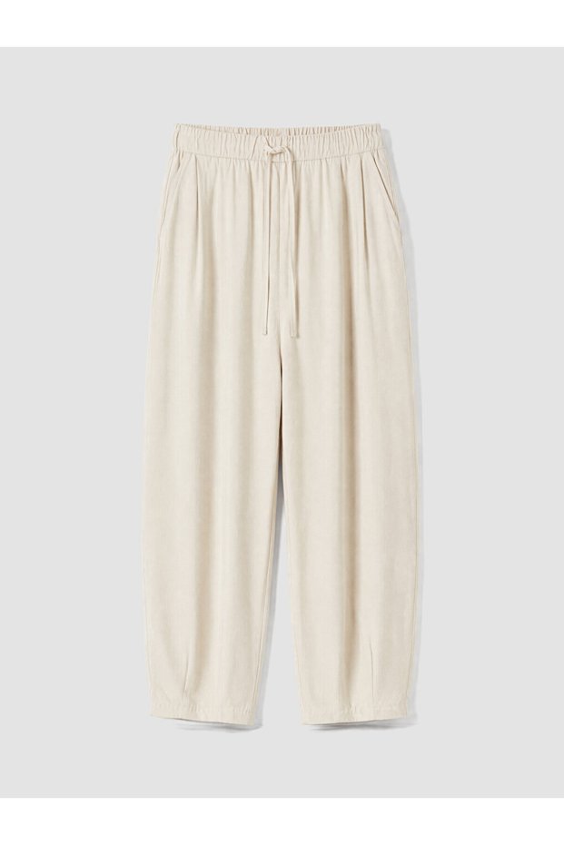 Beige Women's Trousers with Elastic Waist and Pleated Legs