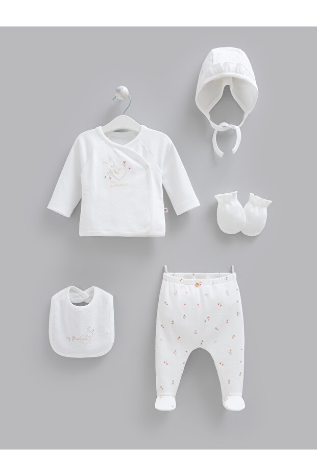 Love Bunny 5-Piece Hospital Release Bodysuit Set 100% Cotton / Ecru / 50-56 cm (0-3 Months)