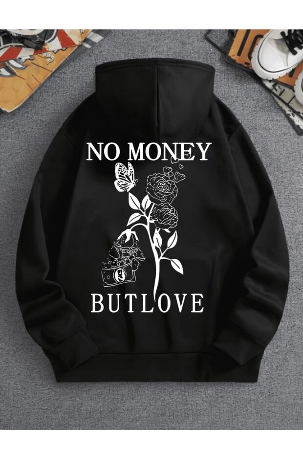 Black Printed Oversize Hoodie - Unisex Street Style Hooded Sweatshirt