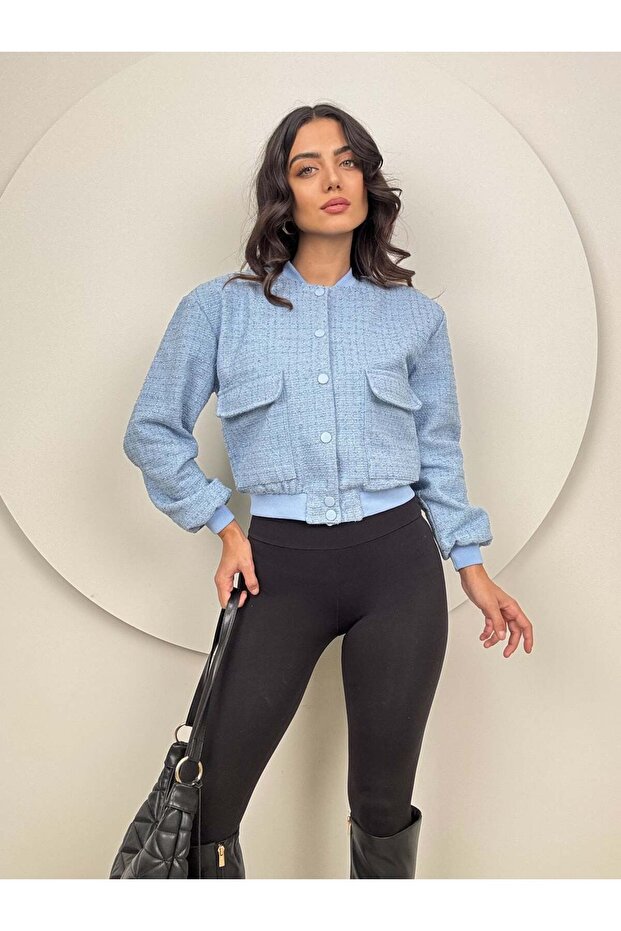 Women's Blue - Blue Glittery Textured Crop Bomber Jacket with Snap Fasteners, Pocket Flaps, and Ribbed Details