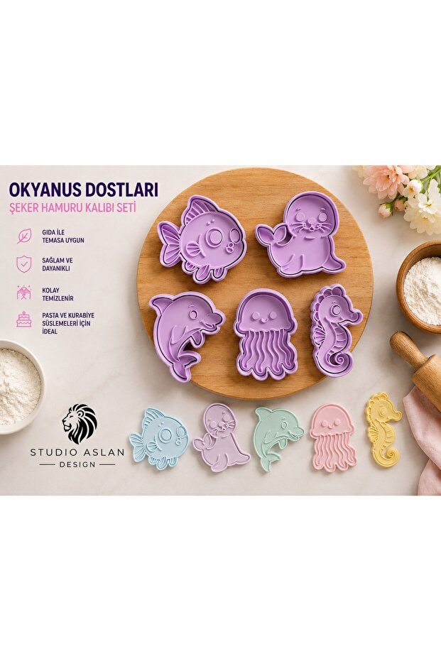 Ocean Friends Sugar Paste Mold Set | Fish, Dolphin, Seal, Jellyfish, and Seahorse Figured Cookie & Cake Decorating Molds | 5-Piece Fondant Mold Set