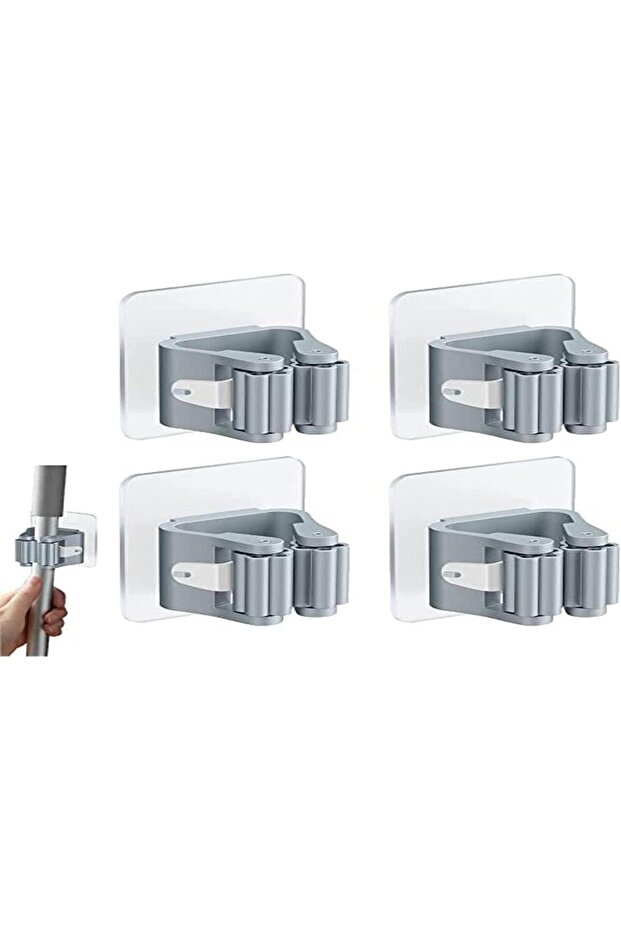 Four-piece self-adhesive wall-mounted broom holder, mop holder, and wall-mounted broom hook set; no drilling required; includes broom clip; gray.