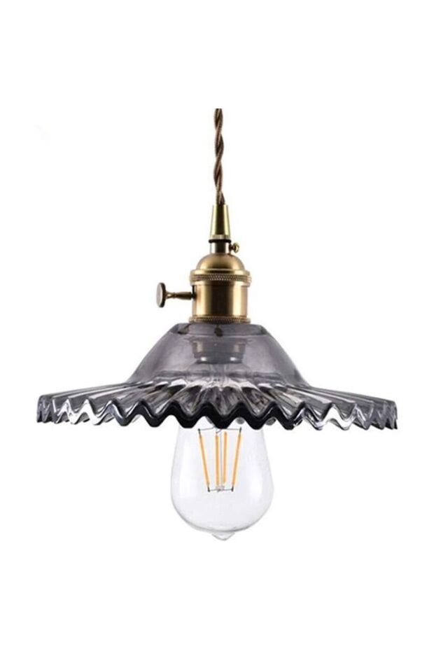 Retro industrial style E27 brass pendant light, paired with a retro woven gray glass lampshade.