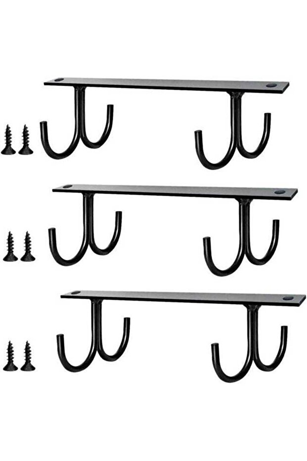 A set of 3 black under-cabinet cup holders, under-cabinet cup storage hooks, and 12-hook coffee cup holders.