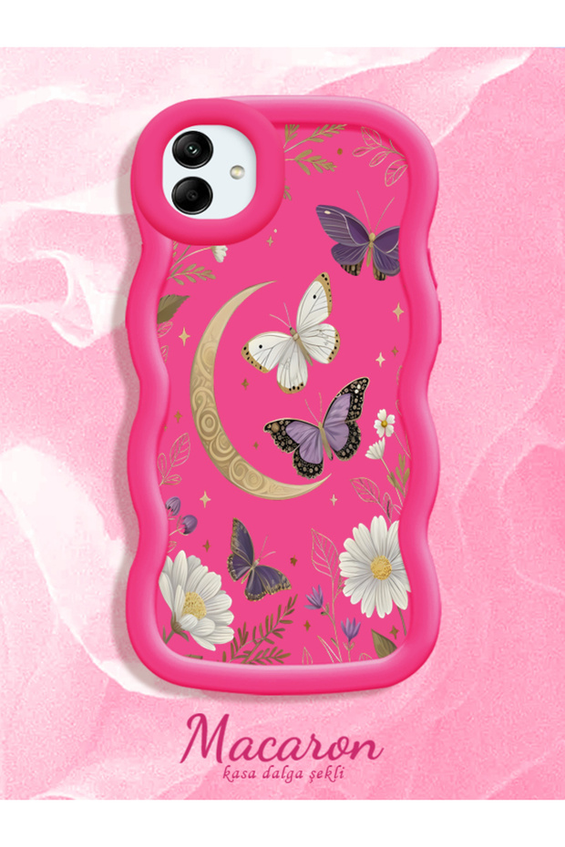 Samsung Galaxy A04 Compatible Wavy Frame Moon Butterfly and Flower Pattern Silicone Phone Case