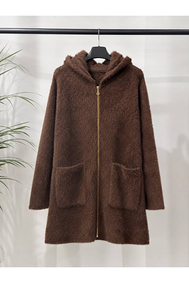 Gold Zippered Hooded Women's Beard Long Cardigan 80 cm