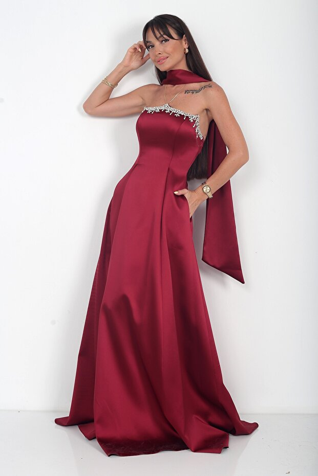 Women's Strapless Stoned Lined Long Satin Dress with Pockets