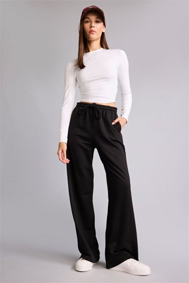 Straight Fit Stretchy Waisted Basic Sweatpants - Black