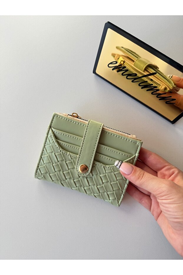 Women's Aqua Green Knitted Patterned Mini Wallet Zipper Snap Card Holder Slim Design Multi-Card Slot Faux Leather Wallet