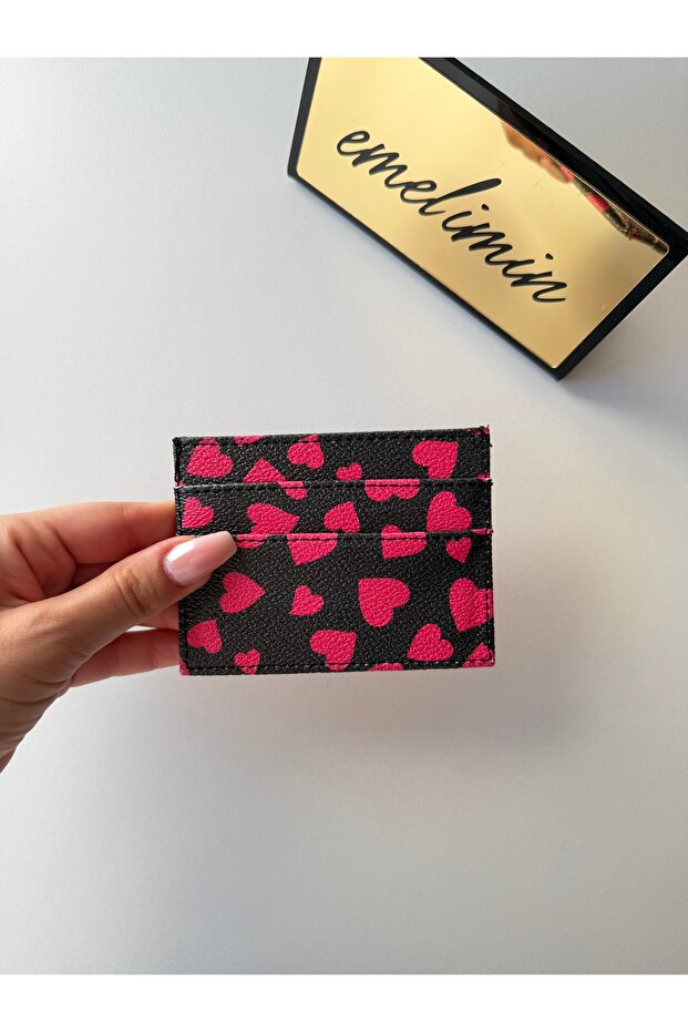 Women's Pink Heart Black Card Holder Wallet Slim Design Multi-Compartment Mini Card Holder
