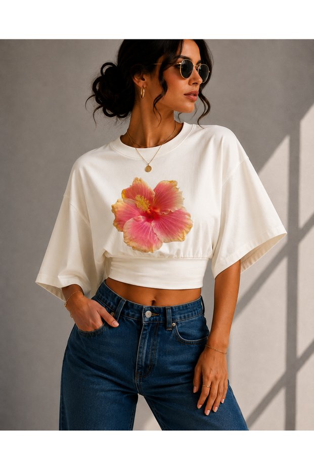 Women's Floral Printed Lycra Bat Sleeve Body Tee Crop T-Shirt