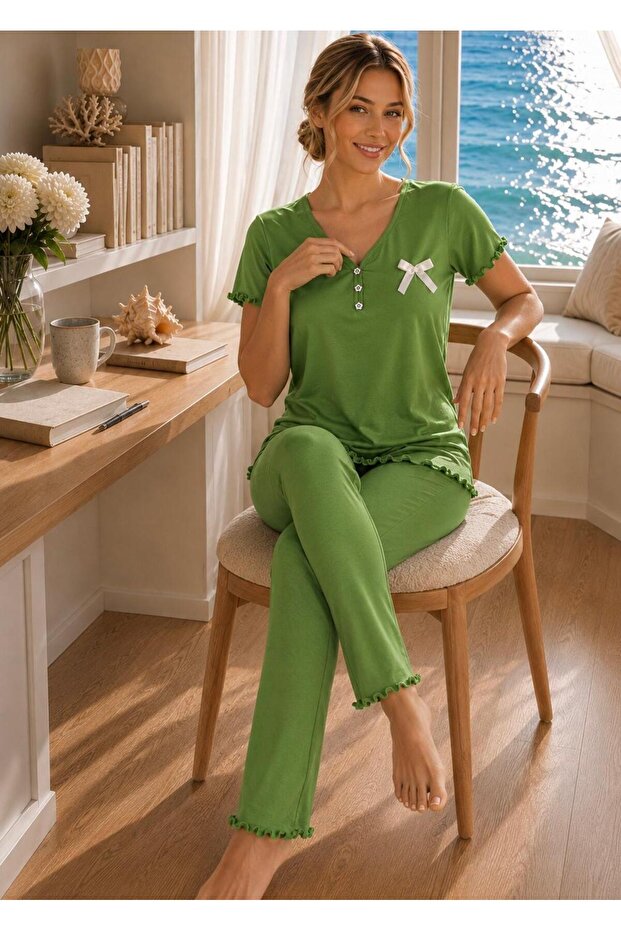 Grass Green Ring Viscose Short Sleeve Pajama Set
