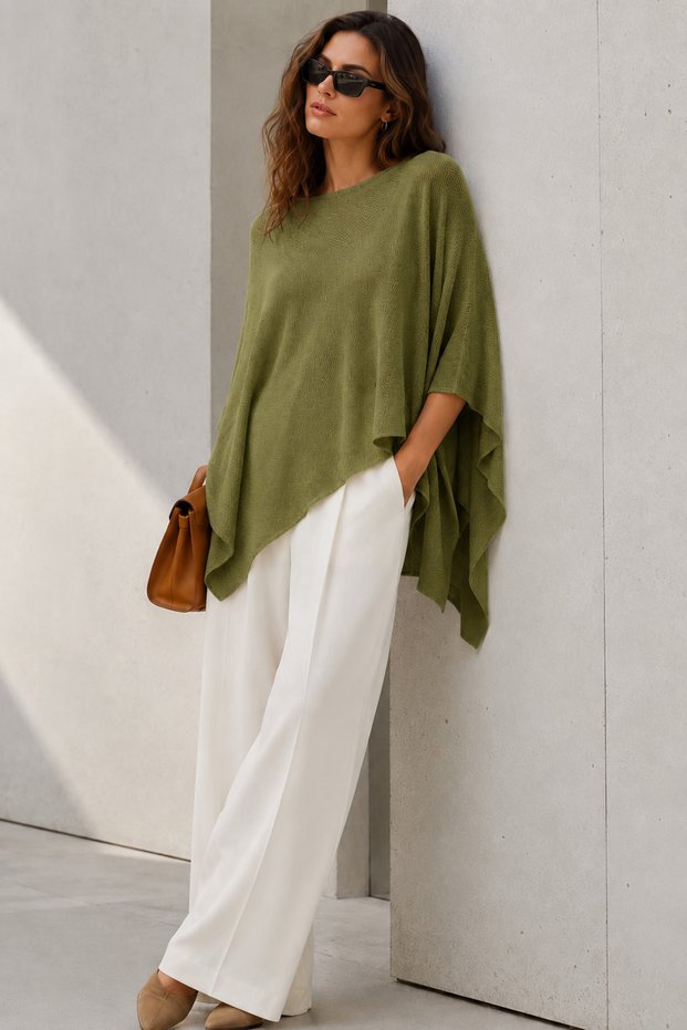 Oil Green Asymmetrical Cut Casual Women's Poncho Mg2876