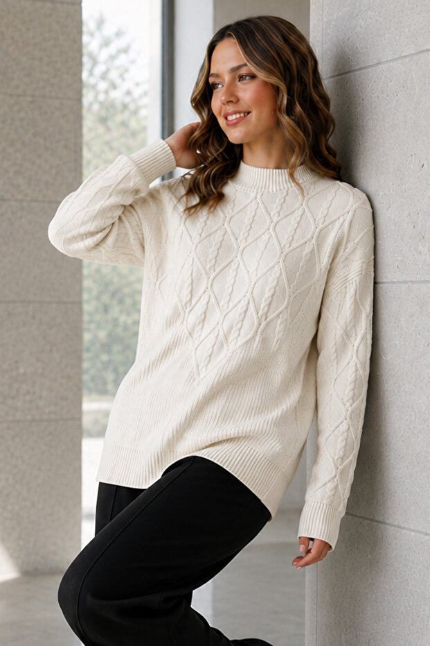 Knitted Patterned Sweater R4510 Ecru