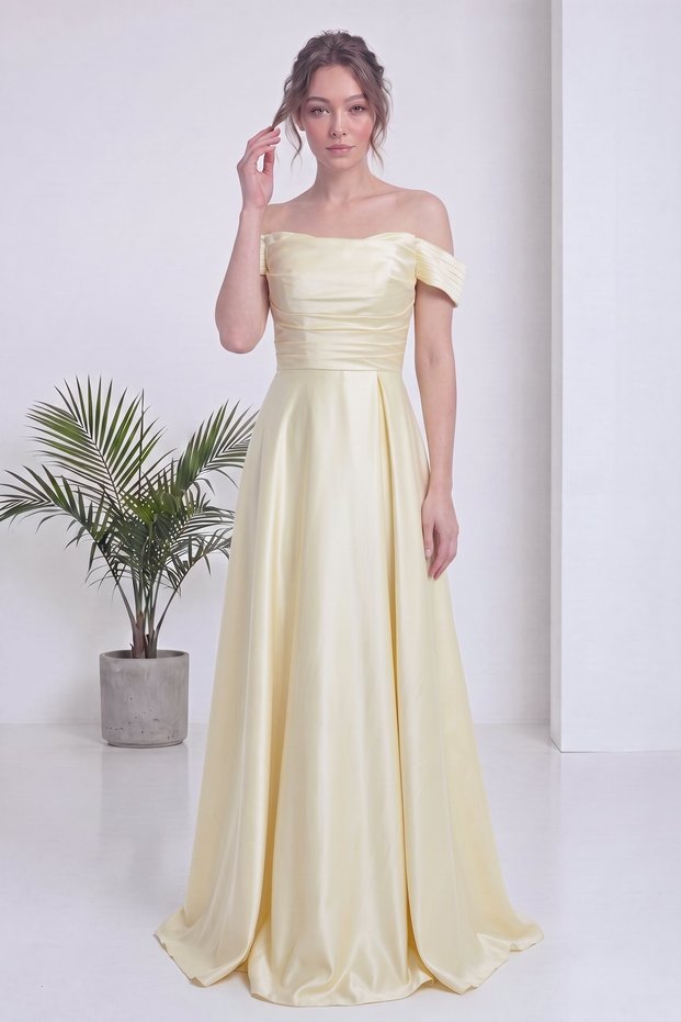 Women's Satin Off-Shoulder Draped Slit Evening Dress Baby Blue, Brown, Navy Blue, Yellow, Black, Burgundy
