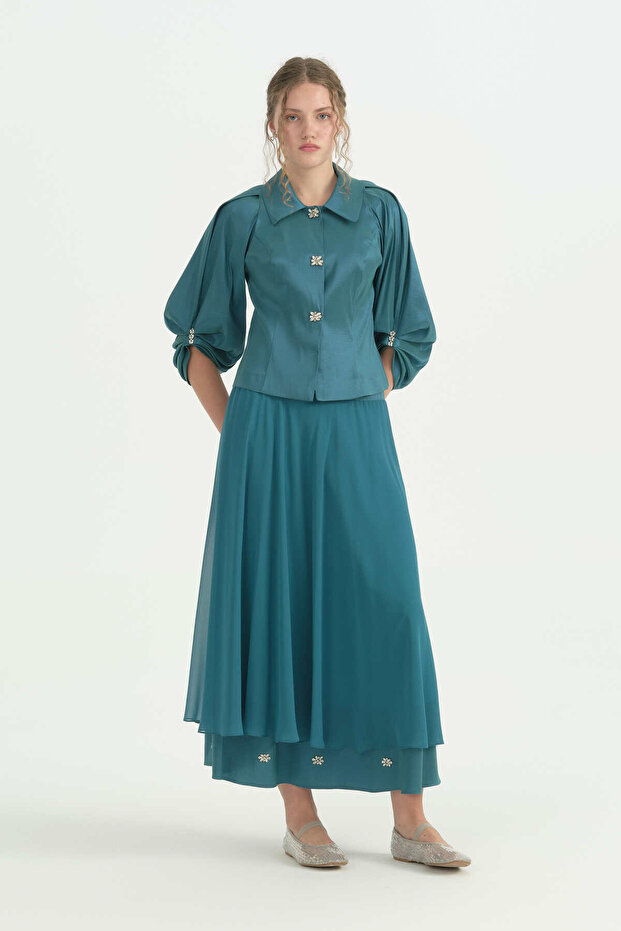 Stone Detailed Skirt Jacket Set - Emerald