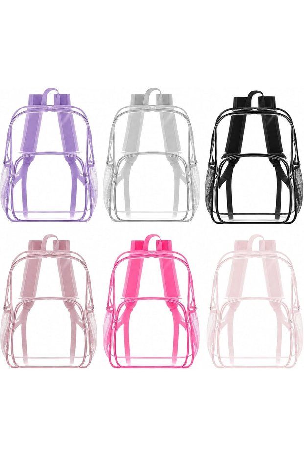 6-pack transparent backpacks, heavy-duty PVC transparent school bags for sports events and student workplaces.