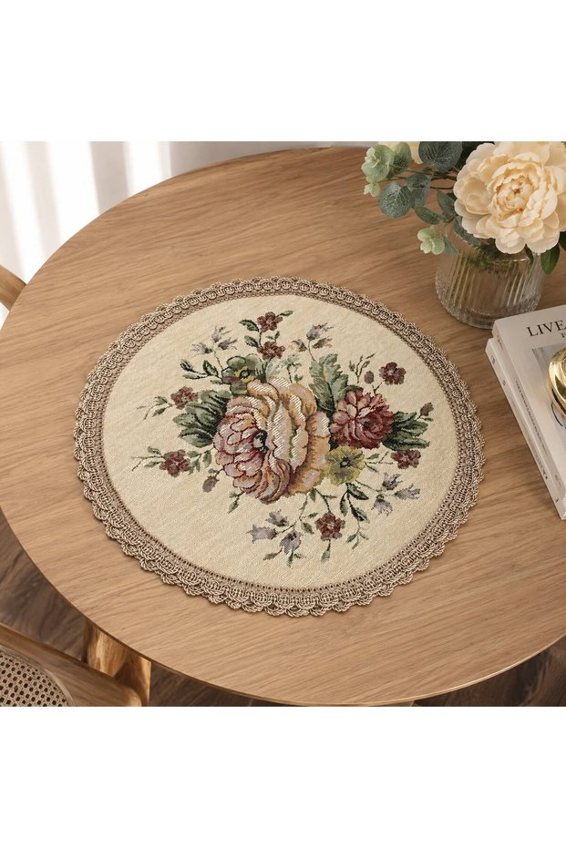 Vintage Bouquet Tapestry Fiskos Cover – 30 cm Round Decorative Coffee Table Cover