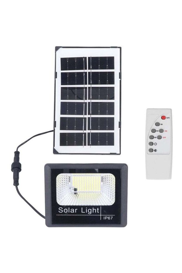 100 LED outdoor solar floodlights, IP67 protection rating, with remote control, high brightness, suitable for homes and gardens.
