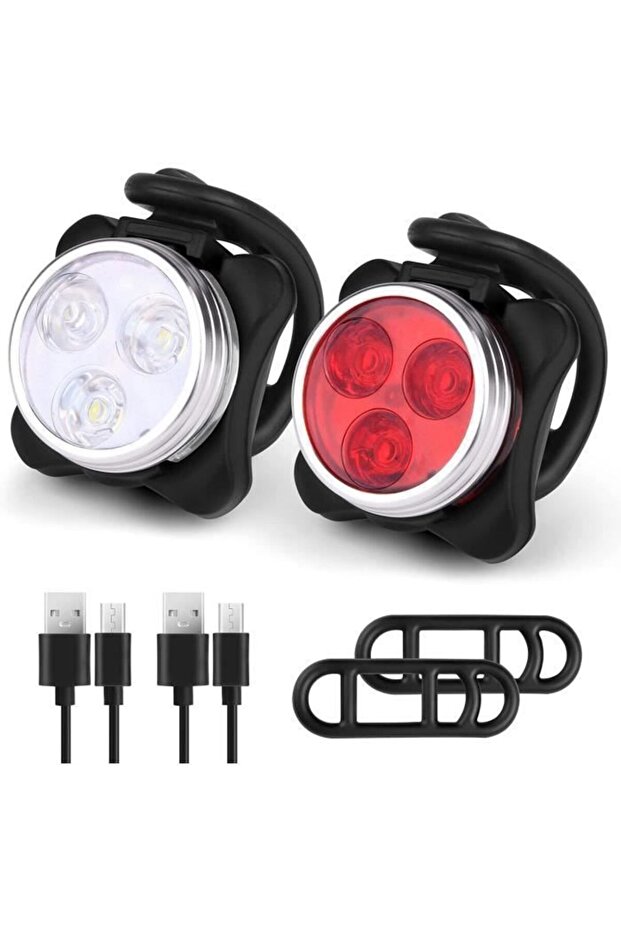 Rechargeable USB front and rear bicycle light set with 4 brightness modes, waterproof and shockproof