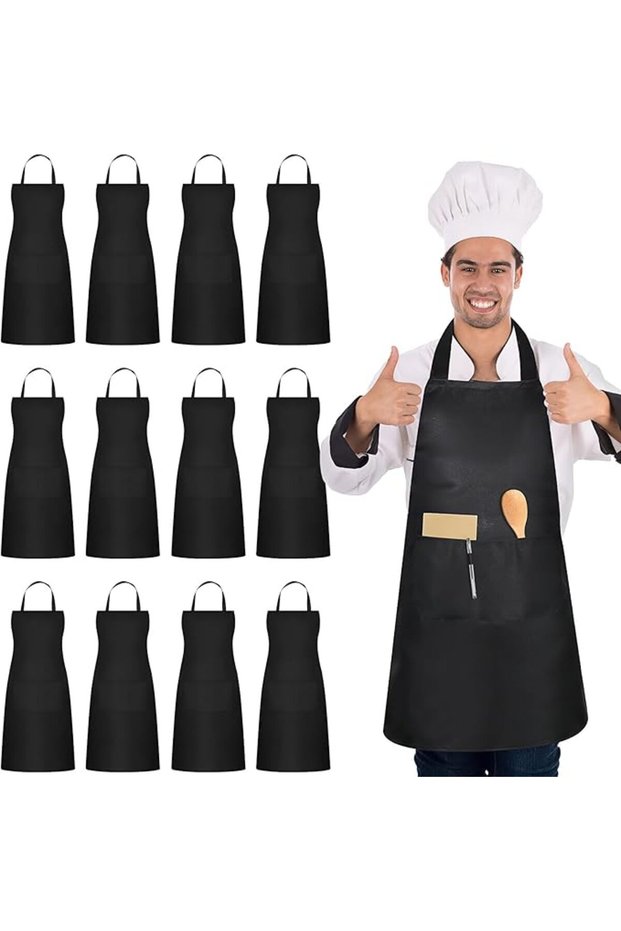 12-Piece Set women's chef aprons - black aprons w/2 pockets - aprons For gardening - restaurants - barbecues - cafes - & other areas