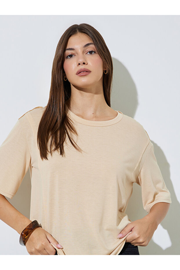 Beige Short Sleeves Side Slit Regular T-Shirt